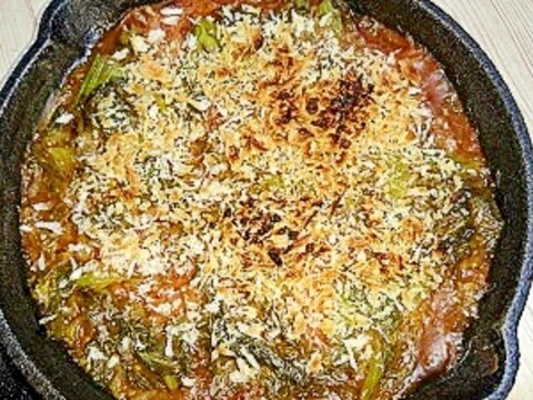 オーブン使わない‼菜の花のケチャップトマトグラタン